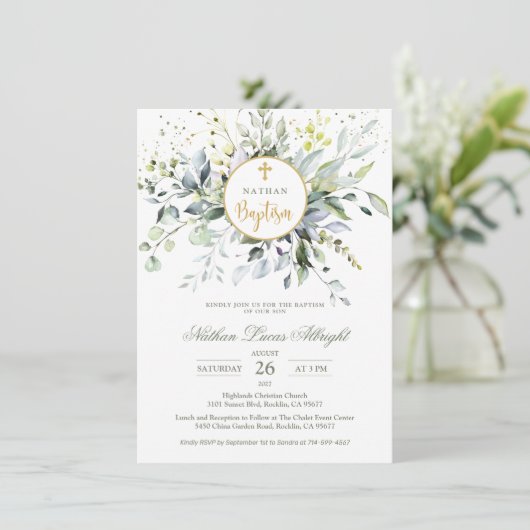 Eukalyptus Herbal Cross Baby-Taufe Einladung (Stehend Vorderseite)