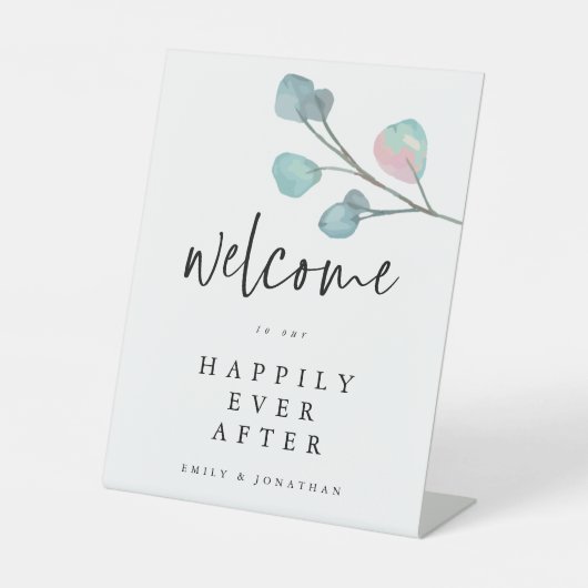 Eukalyptus Herzlich willkommen nach Hochzeit Sockelschild (Vorderseite)