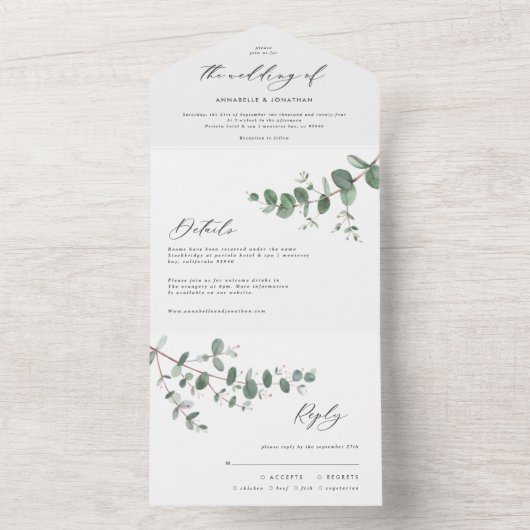 Eukalyptus-Hochzeit, botanisch einladen + uAwg All In One Einladung (Innen Boden)