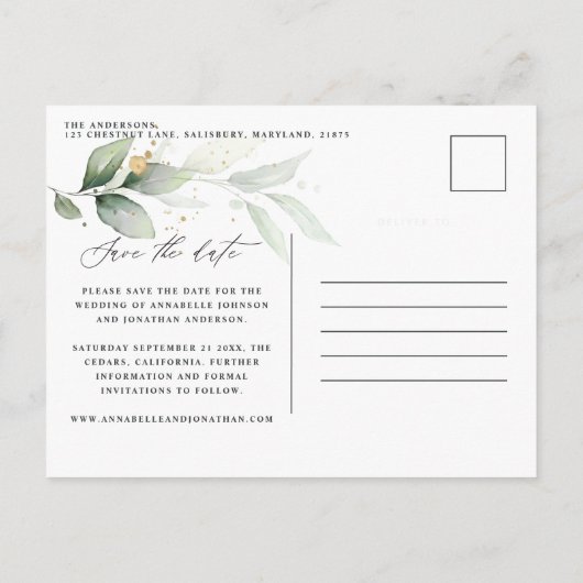 Eukalyptus-Hochzeit botanisch Save the Date Ankündigungspostkarte (Rückseite)