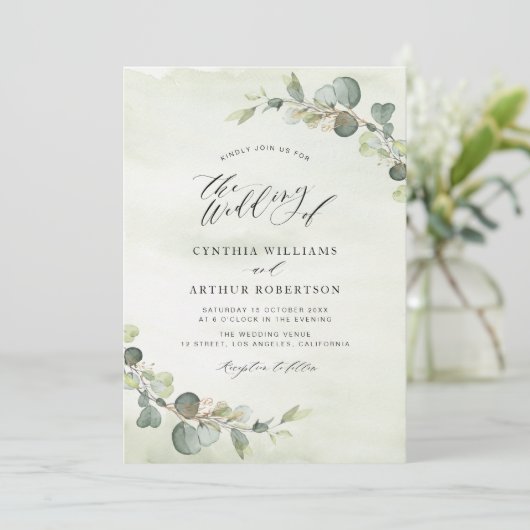 Eukalyptus-Hochzeit in Aquarell Einladung (Stehend Vorderseite)