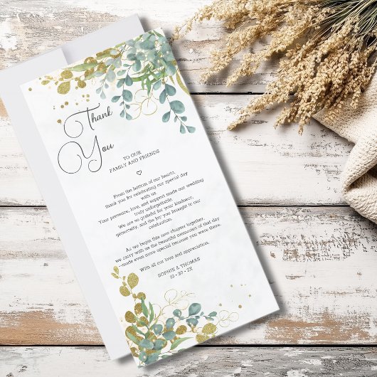 Eukalyptus-Hochzeit in Grün und Gold Dankeskarte