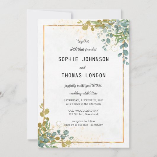 Eukalyptus-Hochzeit in Grün und Gold Einladung (Vorderseite)