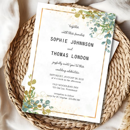 Eukalyptus-Hochzeit in Grün und Gold Einladung
