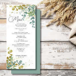 Eukalyptus-Hochzeit in Grün und Gold Menükarte