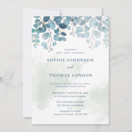 Eukalyptus-Hochzeit in mattem Grün Einladung (Vorderseite)