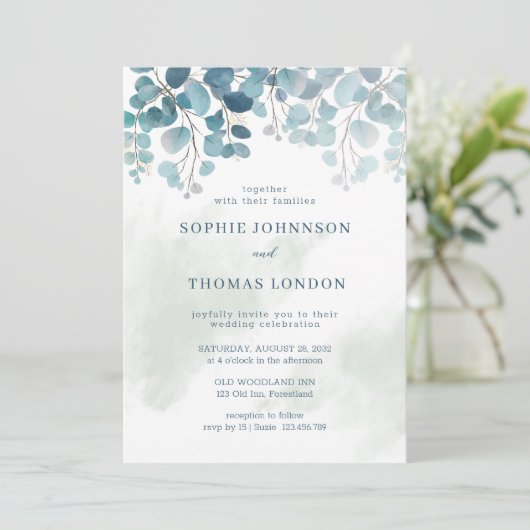 Eukalyptus-Hochzeit in mattem Grün Einladung (Stehend Vorderseite)