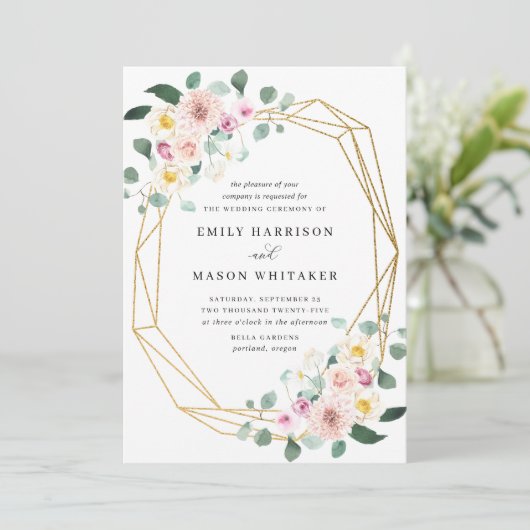 Eukalyptus-Hochzeit mit Blütenrosa und Lila Bläsch Einladung (Stehend Vorderseite)