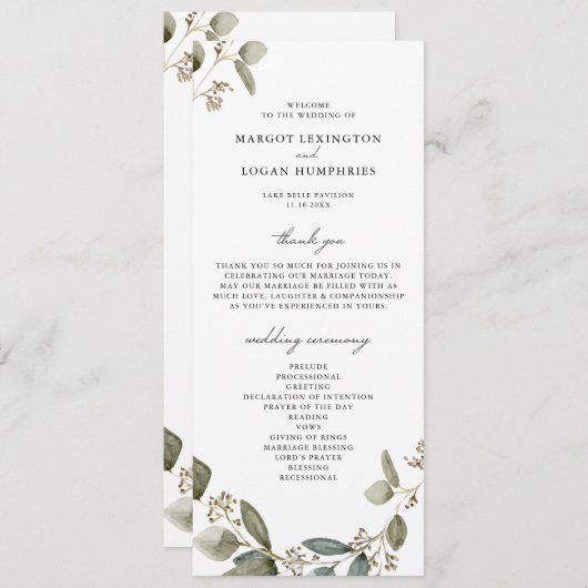 Eukalyptus-Hochzeit mit rustikaler Wasserfarbe Programm (Vorne/Hinten)