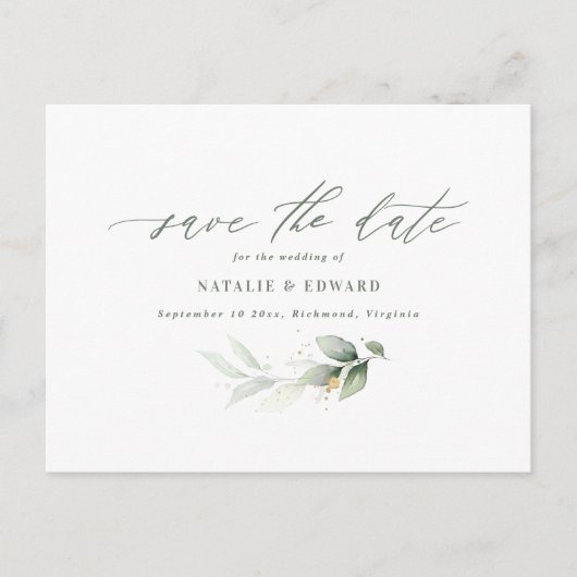 Eukalyptus-Hochzeit Save the Date Ankündigungspostkarte (Vorderseite)