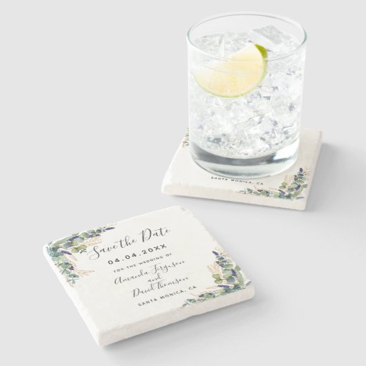 Eukalyptus-Hochzeitgrün Save the Date Steinuntersetzer (Seitenansicht)