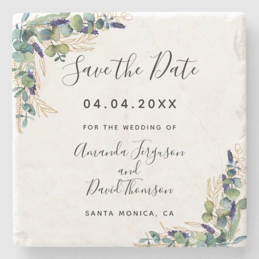 Eukalyptus-Hochzeitgrün Save the Date Steinuntersetzer (Vorderseite)