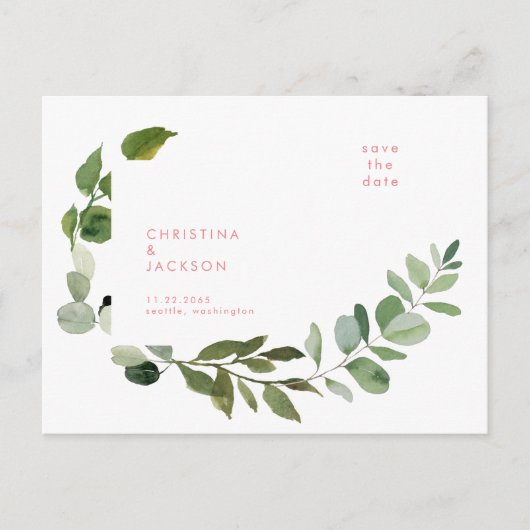Eukalyptus Hochzeitrosa Text Save the Date Postkarte (Vorderseite)