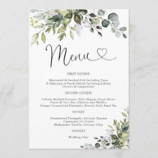 Eukalyptus-Hochzeitsmenü Menükarte (Vorderseite)