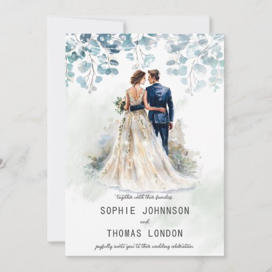 Eukalyptus-Hochzeitspaar Einladung (Vorderseite)