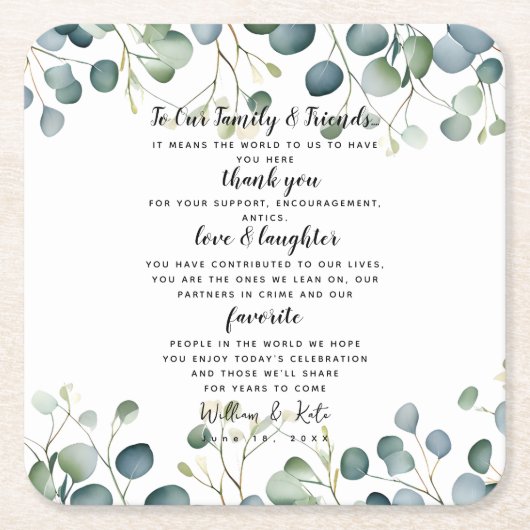 Eukalyptus Hochzeitsparty/Hochzeit Danke Rechteckiger Pappuntersetzer (Vorderseite)