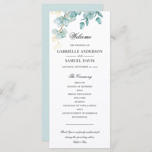 Eukalyptus-Hochzeitsprogramm für Aquamarine und Go Programm (Vorne/Hinten)
