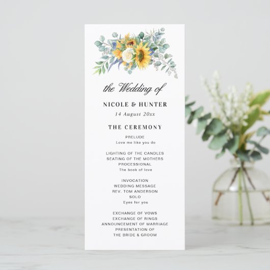 Eukalyptus-Hochzeitsprogramm für Aquarellsonnenblu Programm (Stehend Vorderseite)