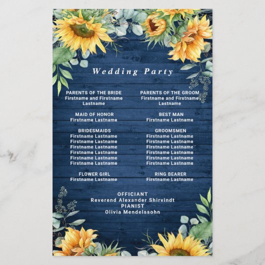 Eukalyptus-Hochzeitsprogramm für Sonnenblumen (Rückseite)