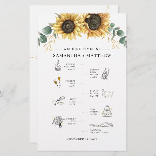 Eukalyptus-Hochzeitsprogramm für Sonnenblumen Briefpapier (Vorne/Hinten)