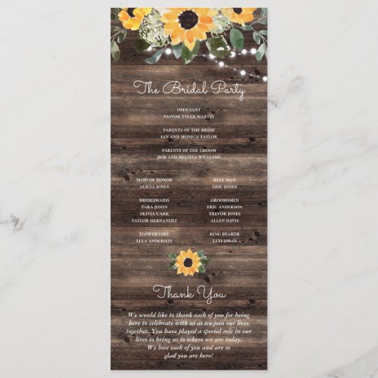 Eukalyptus-Hochzeitsprogramm für Sonnenblumen Programm (Rückseite)