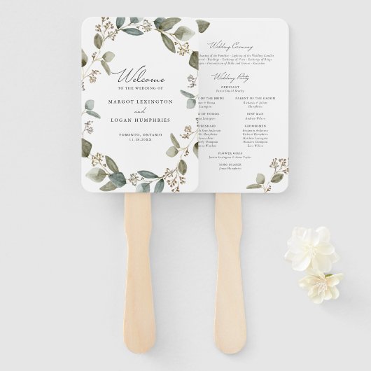 Eukalyptus-Hochzeitsprogramm für Wasserfarben Fächer (Vorne und Hinten)