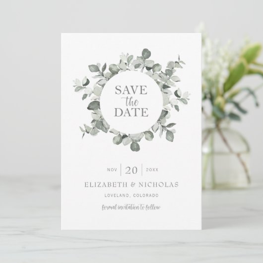 Eukalyptus-Hochzeitssache für Wasserfarben speiche Save The Date (Stehend Vorderseite)