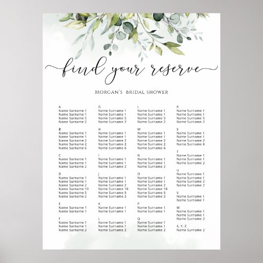 Eukalyptus-Hochzeitssitzplan Poster (Vorne)