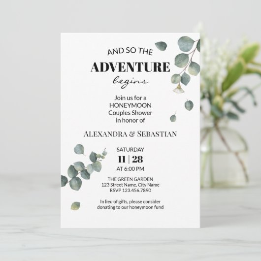 Eukalyptus Honeymoon Dusche Einladung (Stehend Vorderseite)