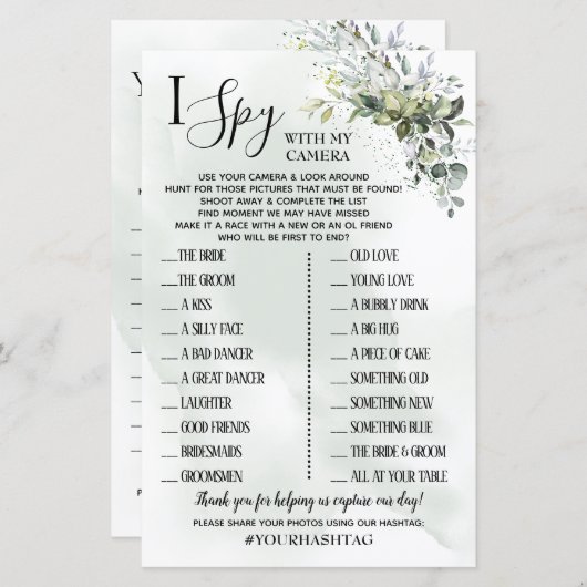 Eukalyptus I Spy Hochzeit Empfang zweisprachiges S (Vorne/Hinten)