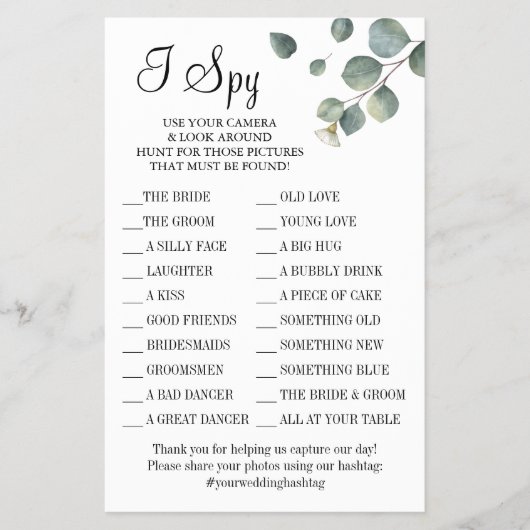 Eukalyptus I spy Hochzeitsspielkarte Flyer (Vorne)