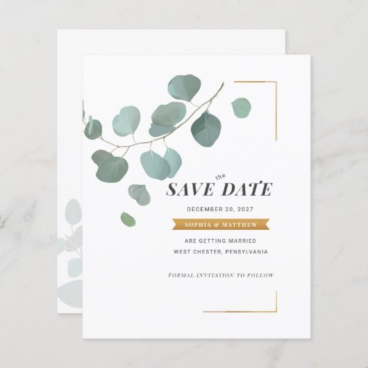 Eukalyptus-Imitate - Goldrahmen Save the Date (Vorne/Hinten)