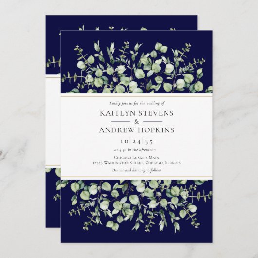 Eukalyptus in einer blauen Hochzeitsfeier Einladung (Vorne/Hinten)