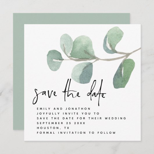 Eukalyptus Informal Script Save the Date Mitteilungskarte (Vorne/Hinten)