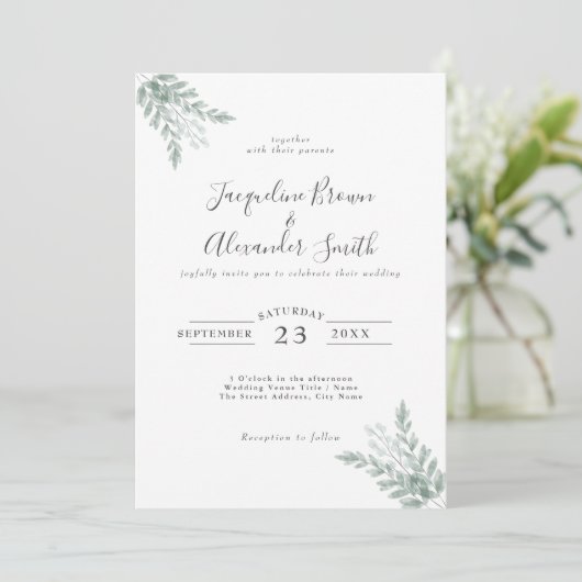 Eukalyptus-Kalligrafie-Hochzeit Einladung (Stehend Vorderseite)