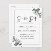 Eukalyptus-Kalligrafie Save the Date Minimalistisc Ankündigungspostkarte (Vorne/Hinten)