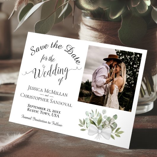 Eukalyptus-Kalligrafie und Foto-Hochzeit Save The Date