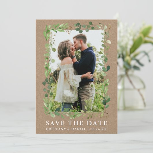 Eukalyptus Kraft-Save the Date-Karte Save The Date (Stehend Vorderseite)