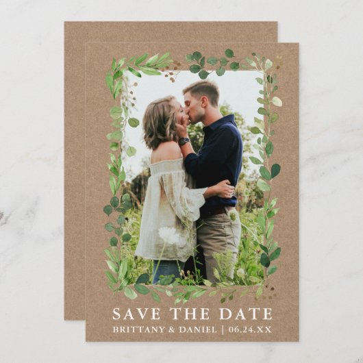 Eukalyptus Kraft-Save the Date-Karte Save The Date (Vorne/Hinten)