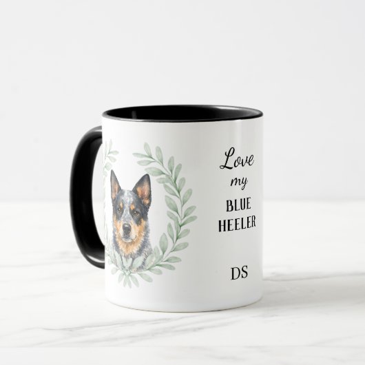Eukalyptus-Kranz Blue Heeler Hund Monogramm Tasse (Vorderseite Links)