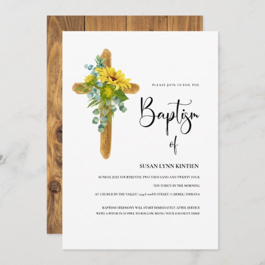 Eukalyptus-Kreuz-Taufe Einladung (Vorne/Hinten)