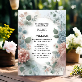 Eukalyptus Lace Tulle Pastel Dusty Blue Wedding Einladung