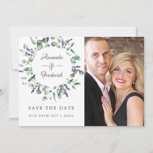 Eukalyptus-Lavendel-Grün-Hochzeit Save The Date (Vorderseite)