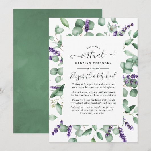Eukalyptus-Lavendel-Grün virtuelle Hochzeit Einladung (Vorne/Hinten)
