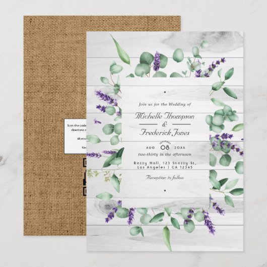 Eukalyptus-Lavendel-Rustikal-QR-Code-RSVP-Hochzeit Einladung (Vorne/Hinten)
