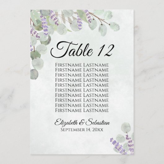 Eukalyptus & Lavender 10 Name Table Card Groß (Rückseite)