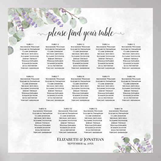 Eukalyptus Lavender 14 Table Wedding Seating Chart Poster (Vorne)