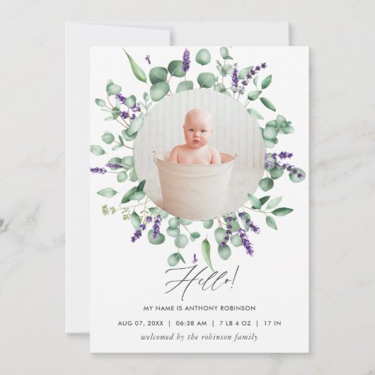 Eukalyptus Lavender Birth Announcement Foto-Karte Ankündigung (Vorderseite)