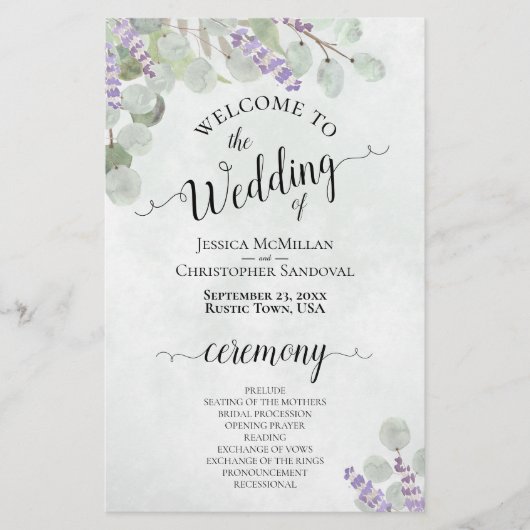 Eukalyptus & Lavender Budget Wedding Programm (Vorderseite)