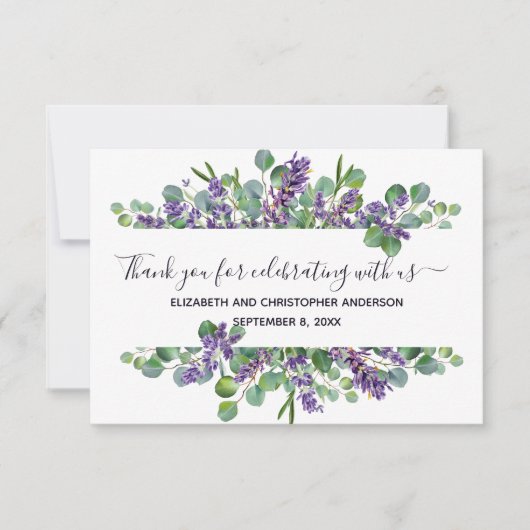 Eukalyptus Lavender Calligraphy Wedding Dankeskarte (Vorderseite)